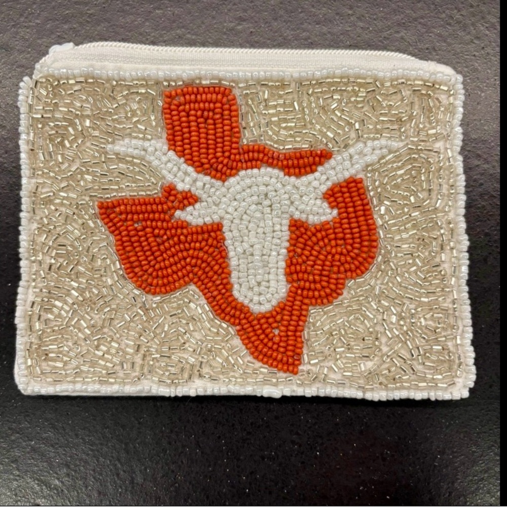 NWOT Front Beaded Small Zip Pouch w/ Burnt Orange & White Design.Hook’em Horns!